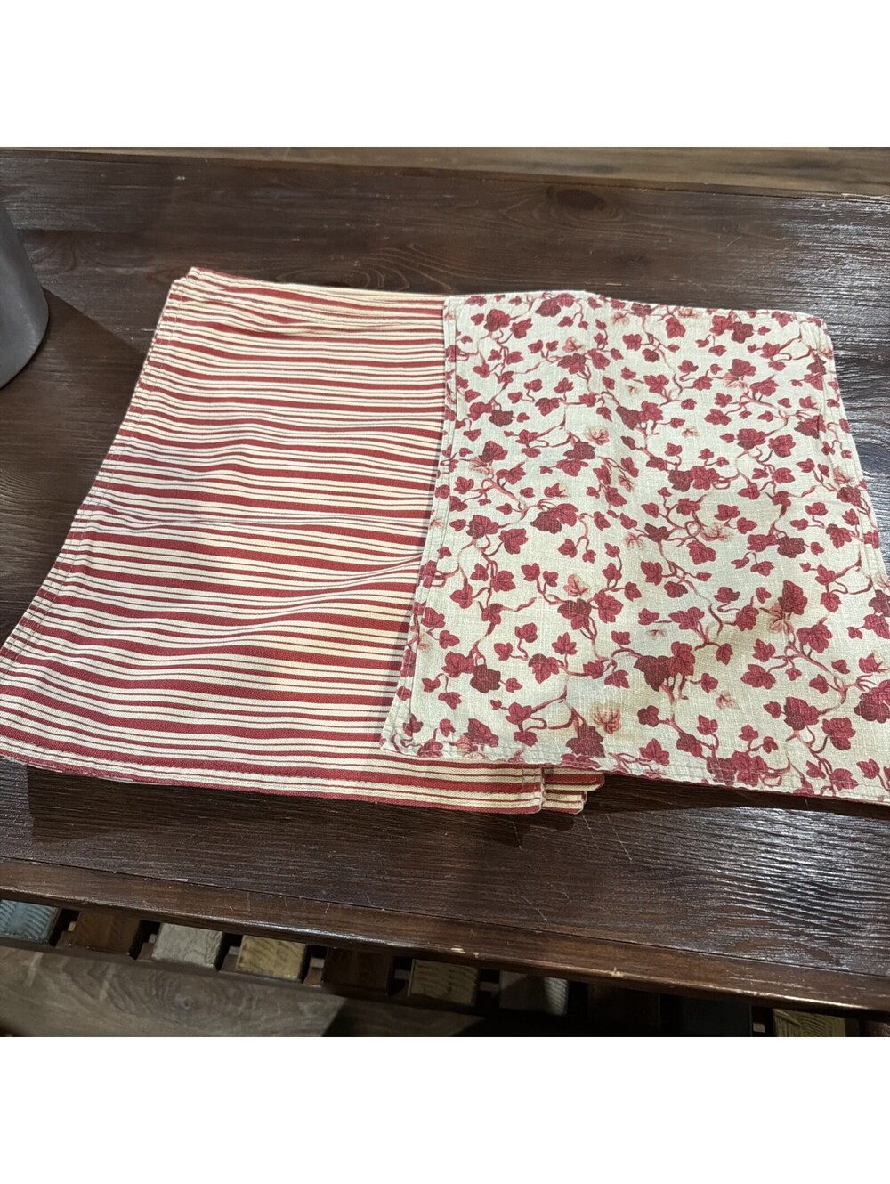 Set Of 7 Red Reversible Cotton Placemats. Striped On One Side, Flowers On Other